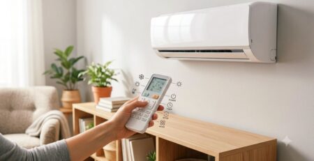 Telecomandă de aer condiționat cu ecran digital și diverse simboluri afișate, ilustrând funcțiile principale și modul de utilizare; imagine reprezentativă pentru ghidul despre simboluri telecomandă aer condiționat