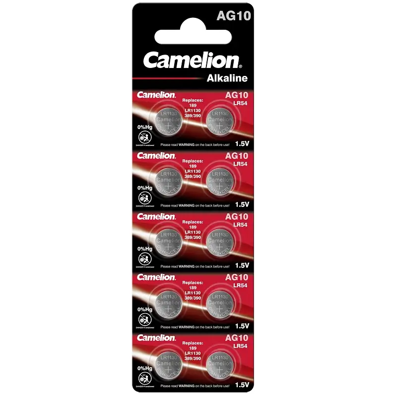 Set 10 baterii buton alkaline 1.5V AG10 LR1130 389 189 Camelion AG10-BP10