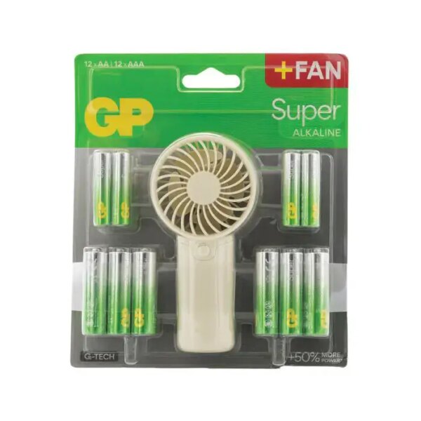 Set 24 baterii GP Super ALKALINE 12x AA + 12x AAA + Ventilator portabil GPPCA15AS753 Set 24 baterii GP Super ALKALINE 12x AA + 12x AAA + Ventilator portabil GPPCA15AS753